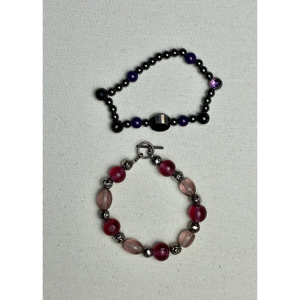 Black Purple Beaded Stretch Bracelet Hematite Glass Crystal Fashion Jewelry
